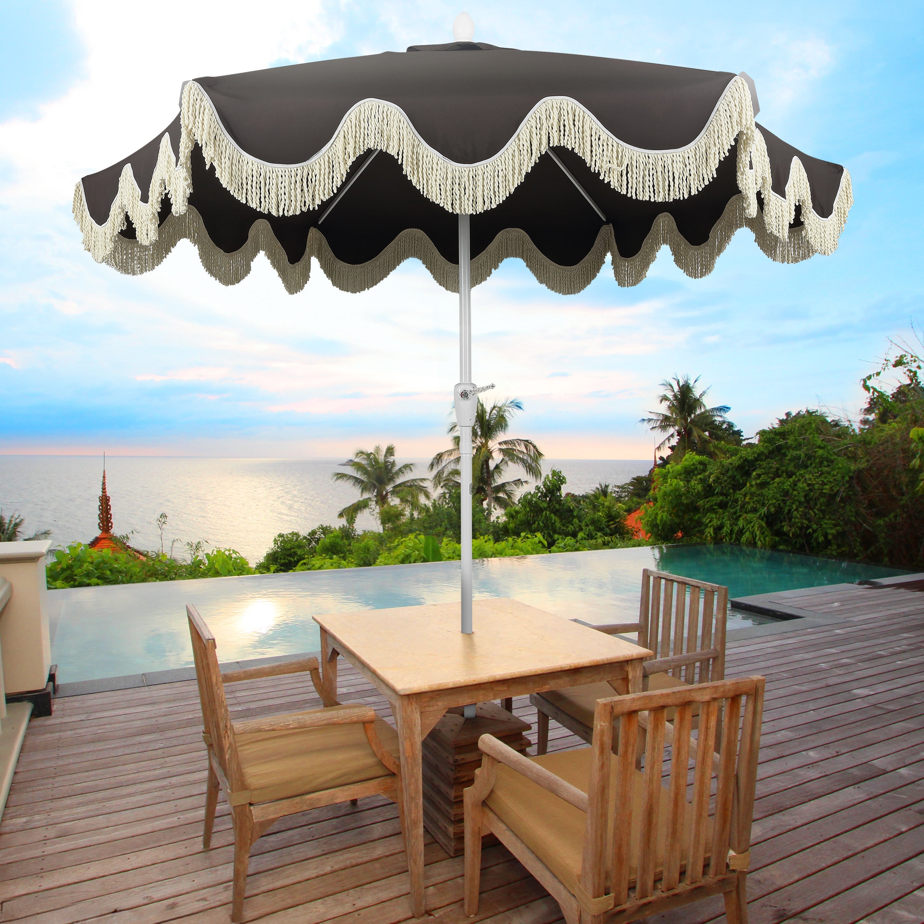 Collins 9 ft. Classic Cottage Fringe Tassel Market Patio Umbrella with Auto-Tilt Crank