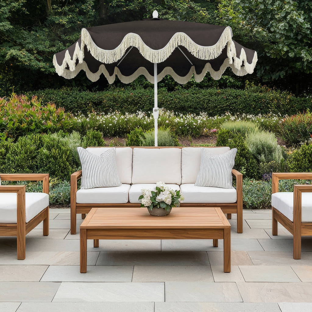 Collins 9 ft. Classic Cottage Fringe Tassel Market Patio Umbrella with Auto-Tilt Crank