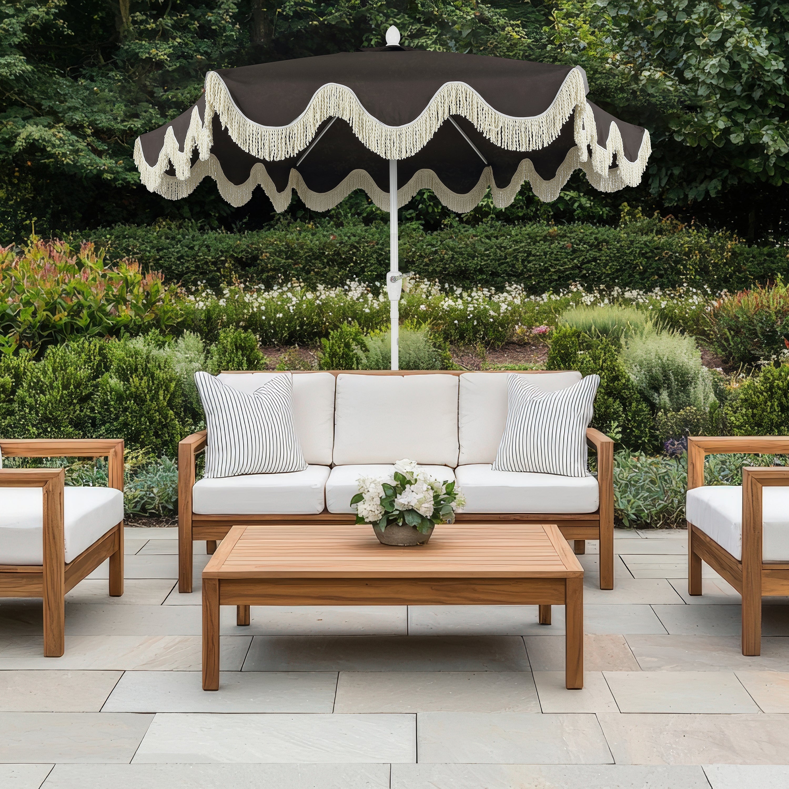 Collins 9 ft. Classic Cottage Fringe Tassel Market Patio Umbrella with Auto-Tilt Crank