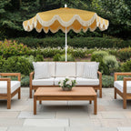 Collins 9 ft. Classic Cottage Fringe Tassel Market Patio Umbrella with Auto-Tilt Crank