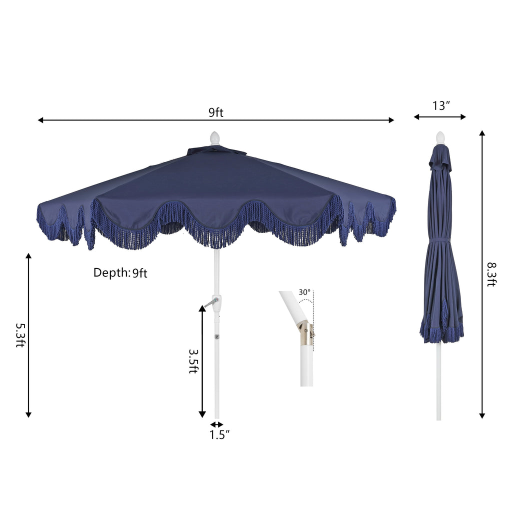 Collins 9 ft. Classic Cottage Fringe Tassel Market Patio Umbrella with Auto-Tilt Crank