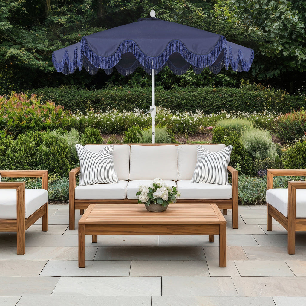 Collins 9 ft. Classic Cottage Fringe Tassel Market Patio Umbrella with Auto-Tilt Crank