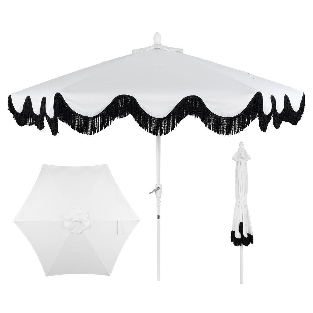 Collins 9 ft. Classic Cottage Fringe Tassel Market Patio Umbrella with Auto-Tilt Crank