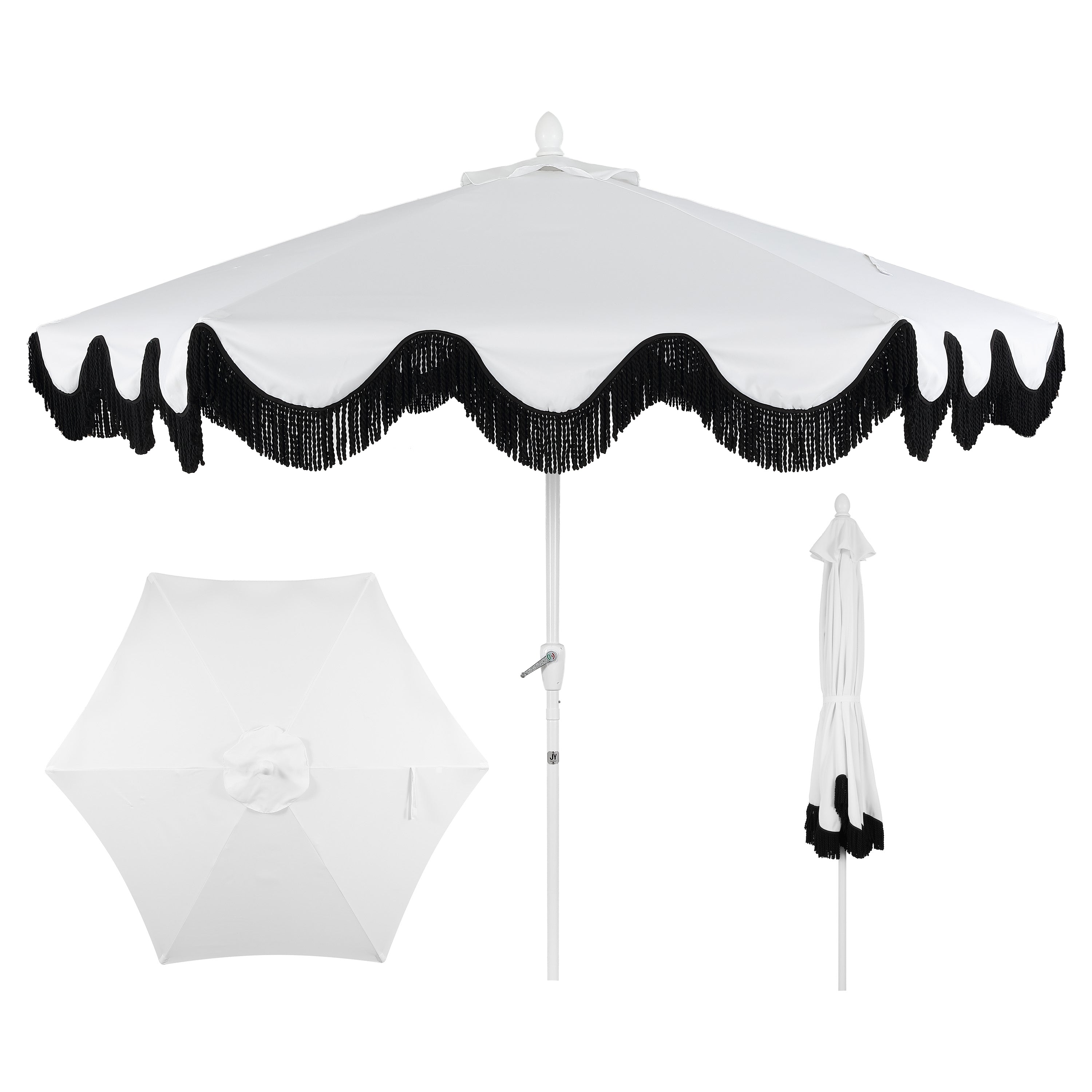 Collins 9 ft. Classic Cottage Fringe Tassel Market Patio Umbrella with Auto-Tilt Crank