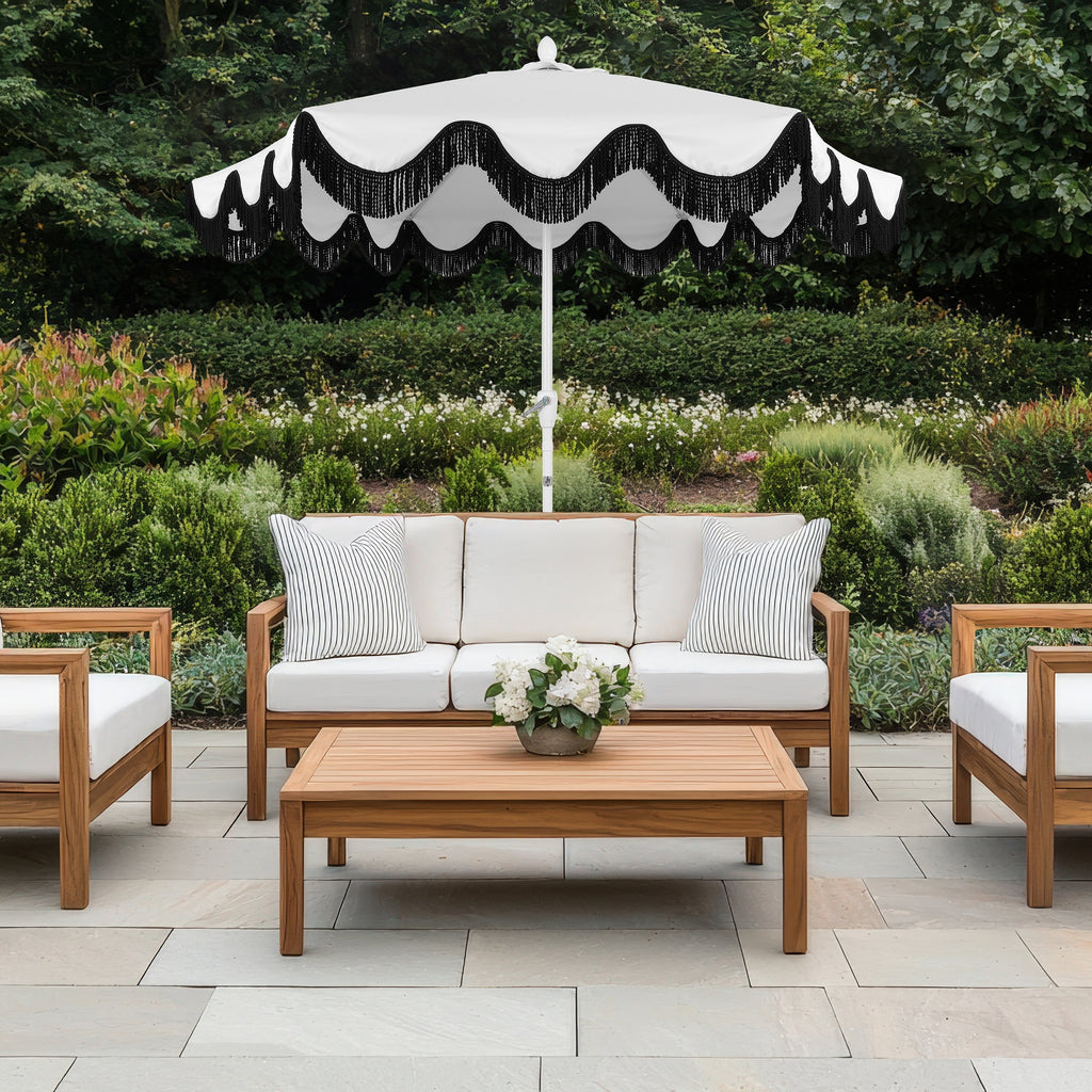 Collins 9 ft. Classic Cottage Fringe Tassel Market Patio Umbrella with Auto-Tilt Crank