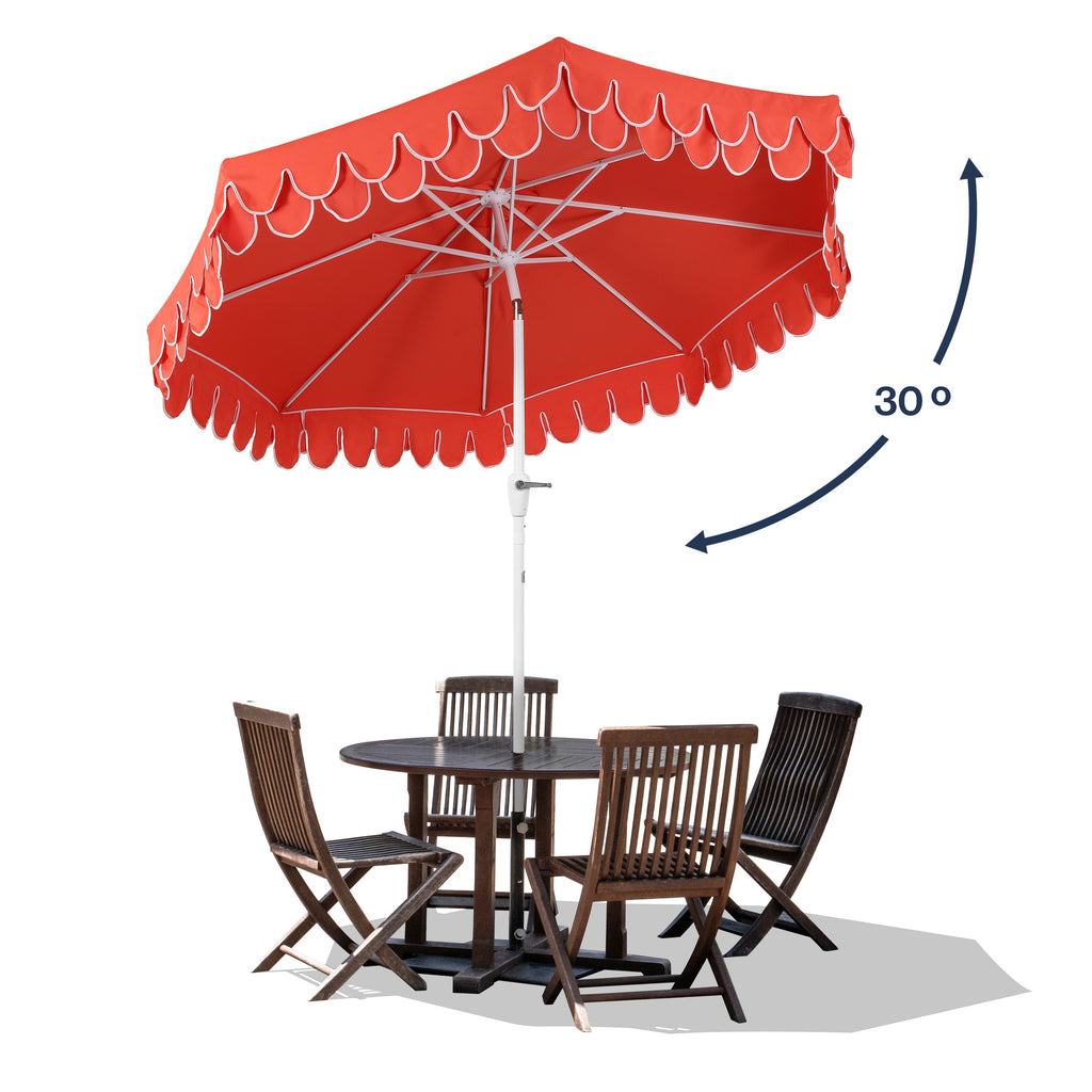 Tracy 9 ft. Classic MidCentury Scalloped Fringe Market Patio Umbrella with Auto-Tilt Crank