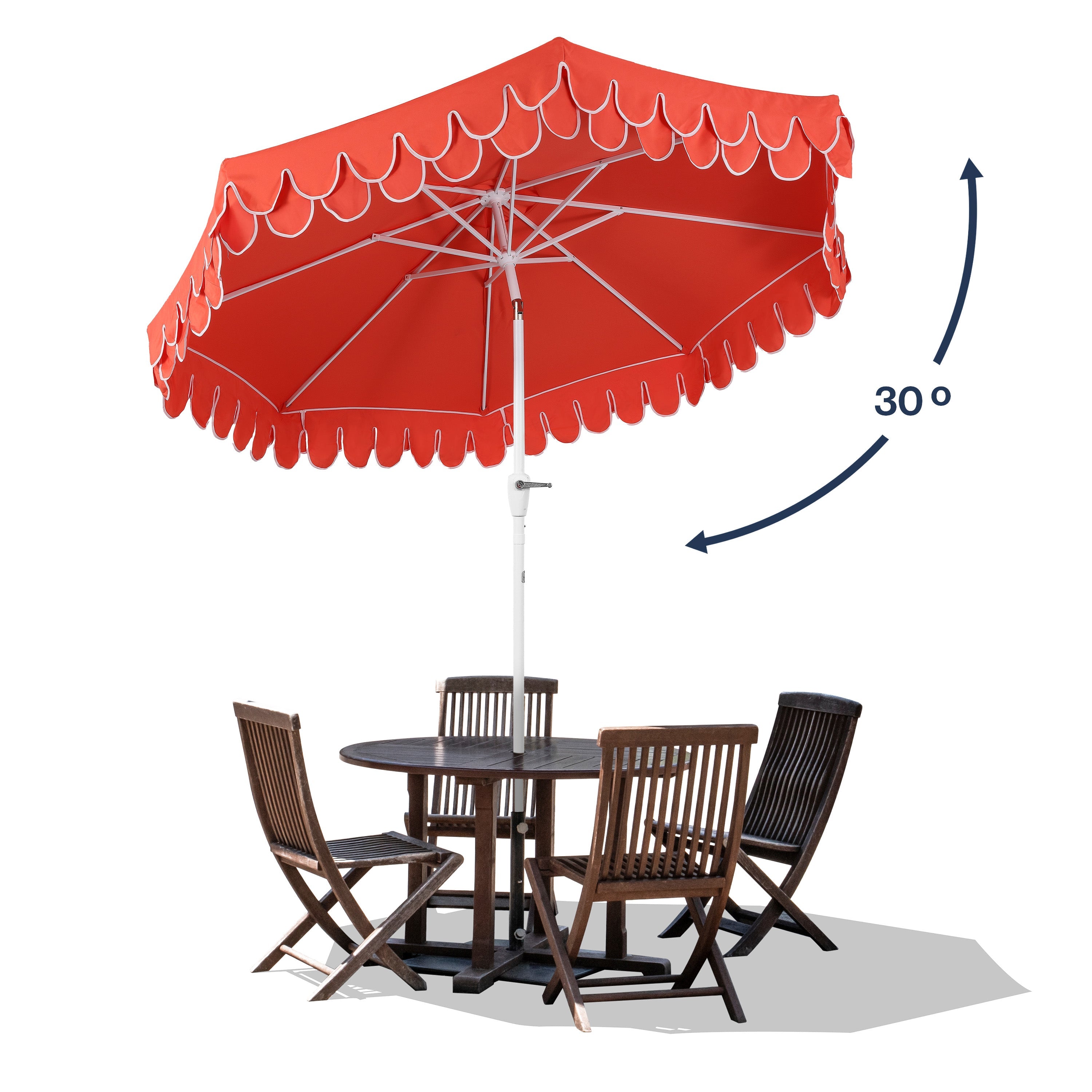 Tracy 9 ft. Classic MidCentury Scalloped Fringe Market Patio Umbrella with Auto-Tilt Crank
