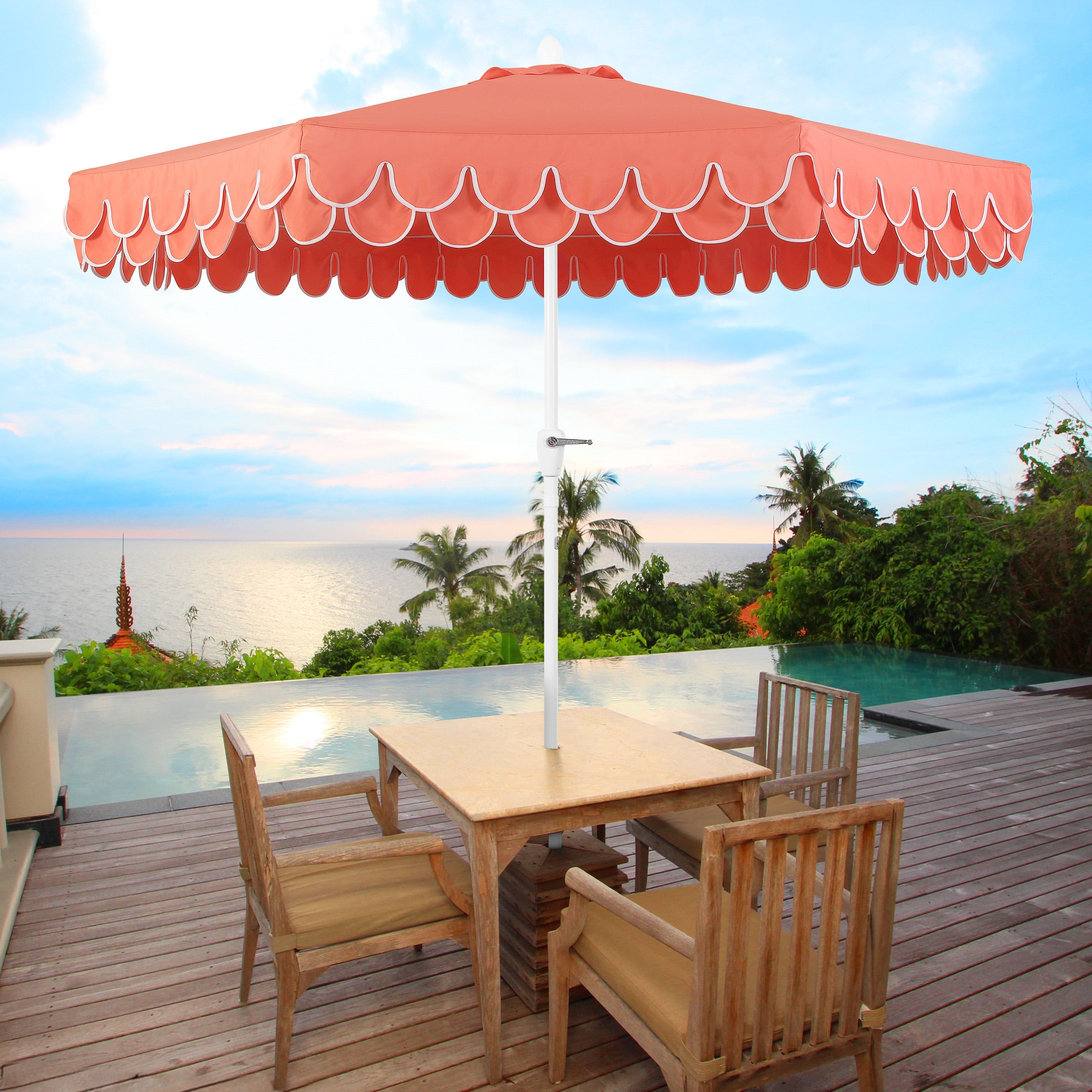 Tracy 9 ft. Classic MidCentury Scalloped Fringe Market Patio Umbrella with Auto-Tilt Crank