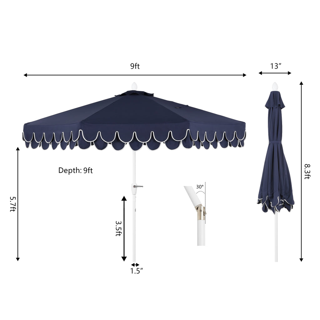 Tracy 9 ft. Classic MidCentury Scalloped Fringe Market Patio Umbrella with Auto-Tilt Crank