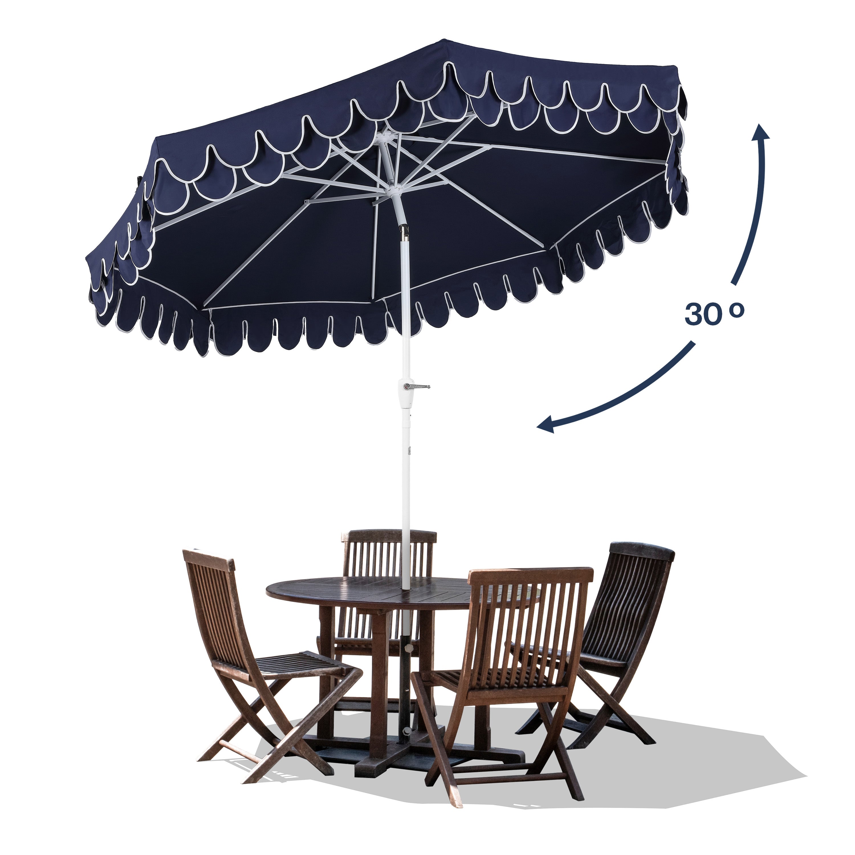 Tracy 9 ft. Classic MidCentury Scalloped Fringe Market Patio Umbrella with Auto-Tilt Crank