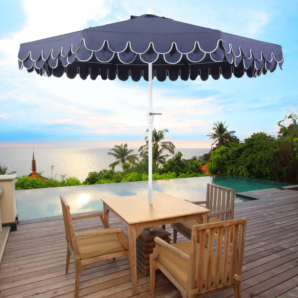 Tracy 9 ft. Classic MidCentury Scalloped Fringe Market Patio Umbrella with Auto-Tilt Crank