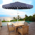 Tracy 9 ft. Classic MidCentury Scalloped Fringe Market Patio Umbrella with Auto-Tilt Crank