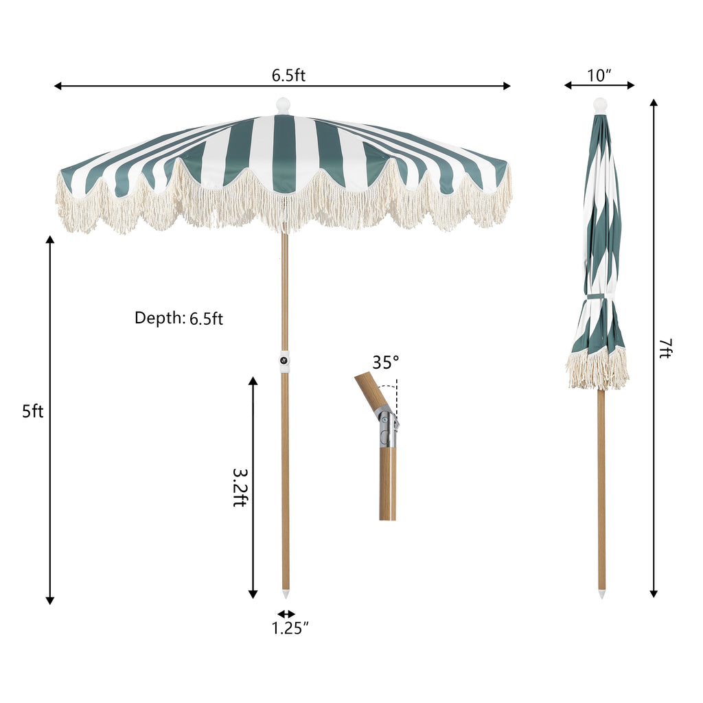 Mariner 6.5 ft. Classic Cottage Fringe Tassel Market Beach Umbrella with Push Button Tilt