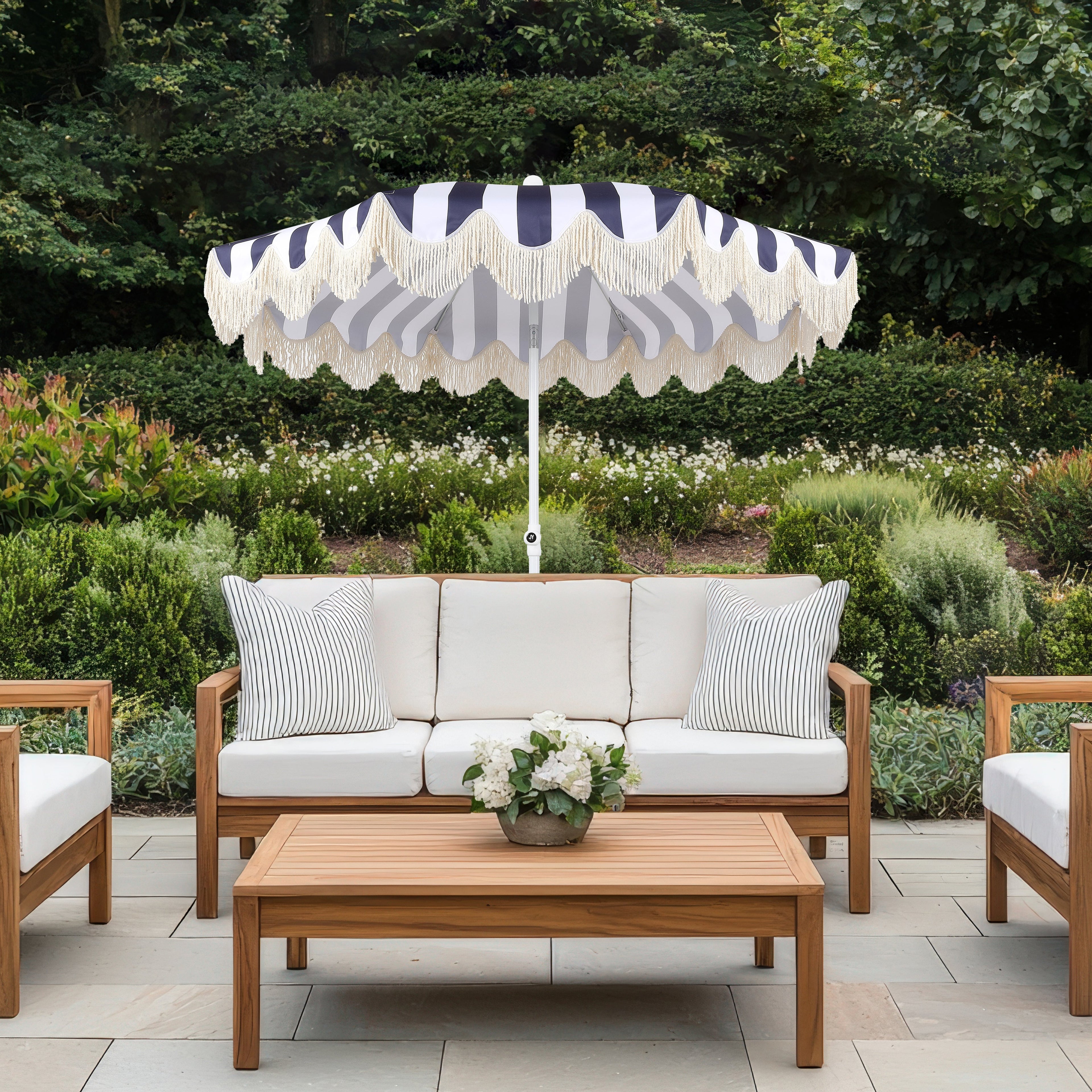 Mariner 6.5 ft. Classic Cottage Fringe Tassel Market Beach Umbrella with Push Button Tilt