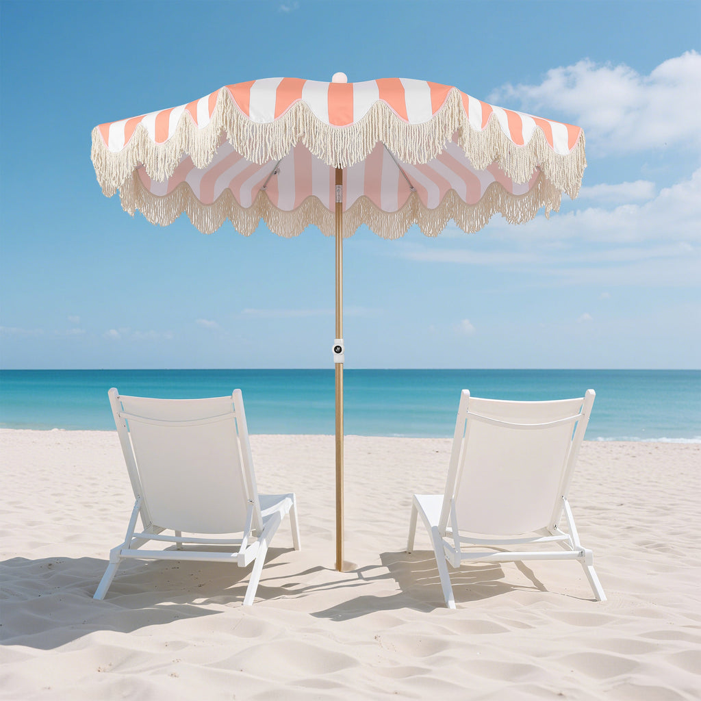 Mariner 6.5 ft. Classic Cottage Fringe Tassel Market Beach Umbrella with Push Button Tilt