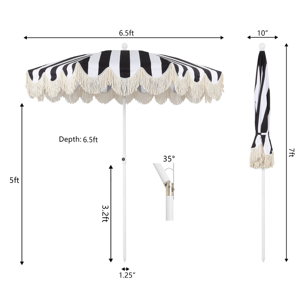 Mariner 6.5 ft. Classic Cottage Fringe Tassel Market Beach Umbrella with Push Button Tilt