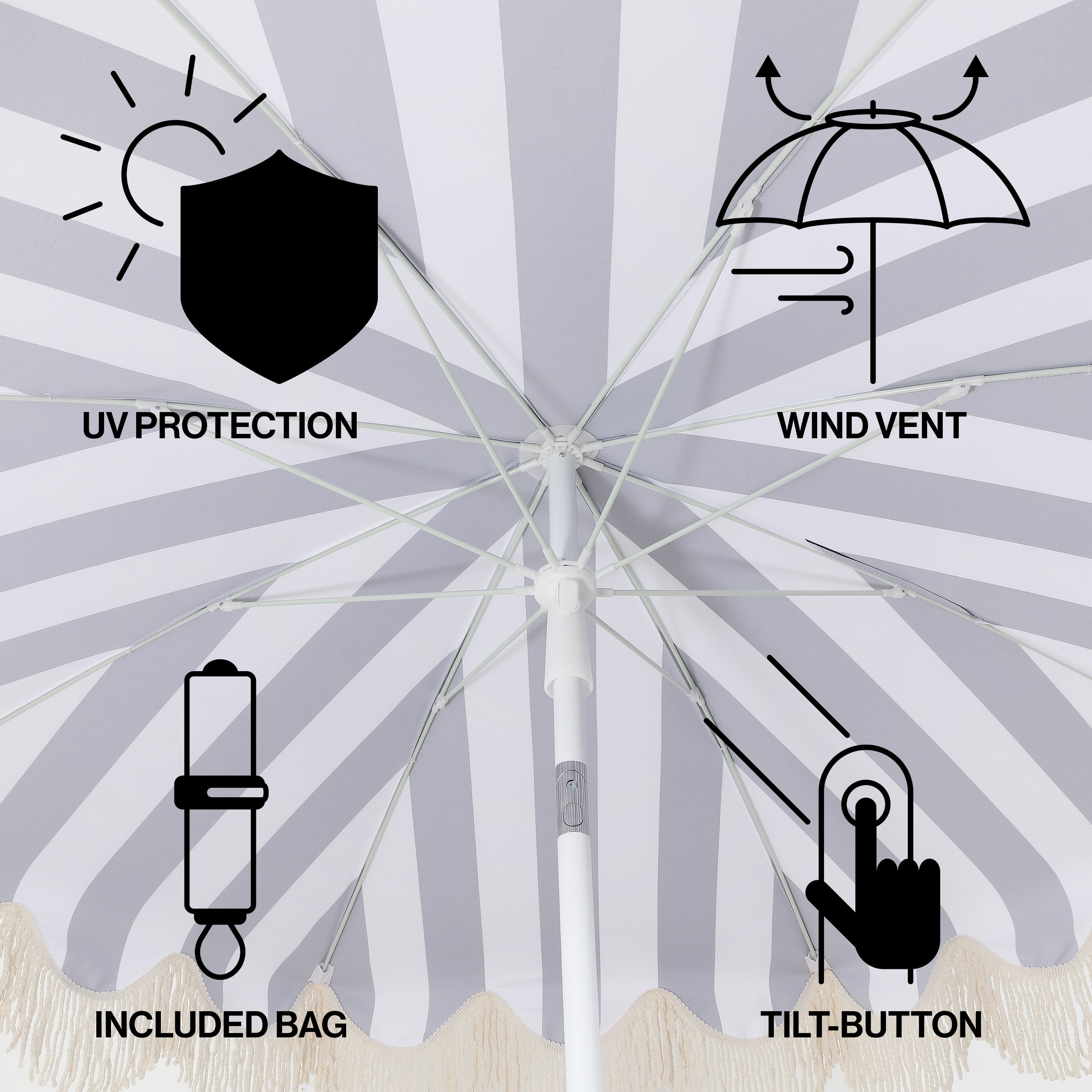 Mariner 6.5 ft. Classic Cottage Fringe Tassel Market Beach Umbrella with Push Button Tilt
