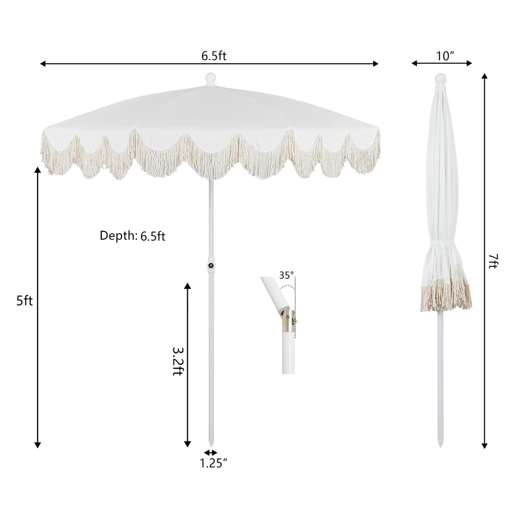 Mariner 6.5 ft. Classic Cottage Fringe Tassel Market Beach Umbrella with Push Button Tilt