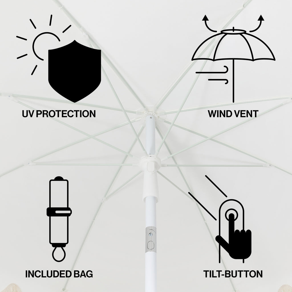 Mariner 6.5 ft. Classic Cottage Fringe Tassel Market Beach Umbrella with Push Button Tilt