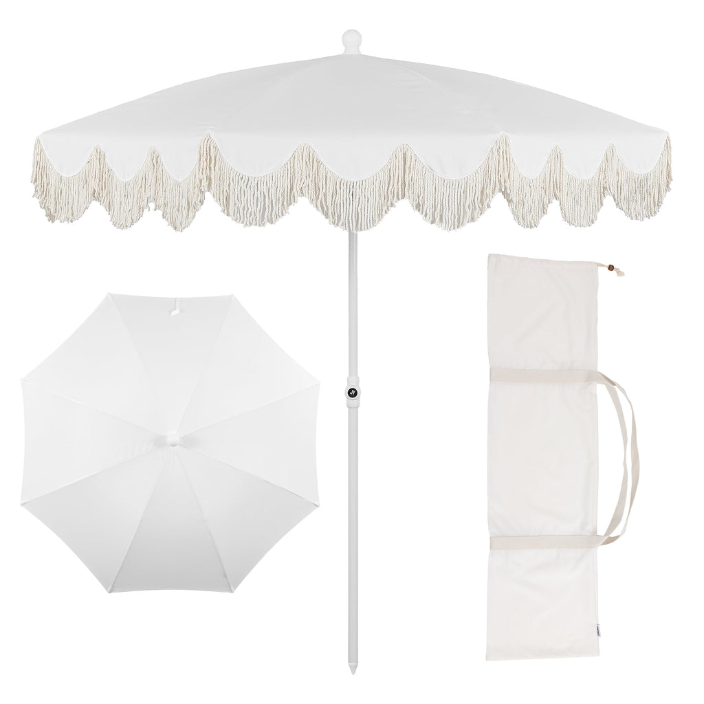 Mariner 6.5 ft. Classic Cottage Fringe Tassel Market Beach Umbrella with Push Button Tilt