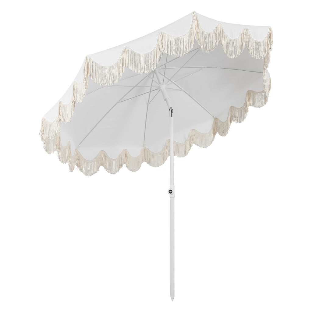 Mariner 6.5 ft. Classic Cottage Fringe Tassel Market Beach Umbrella with Push Button Tilt