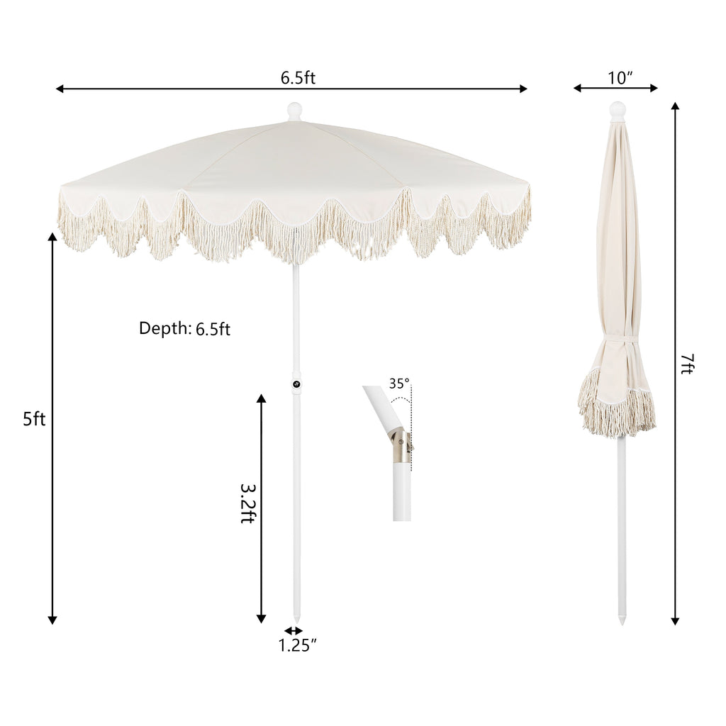 Mariner 6.5 ft. Classic Cottage Fringe Tassel Market Beach Umbrella with Push Button Tilt