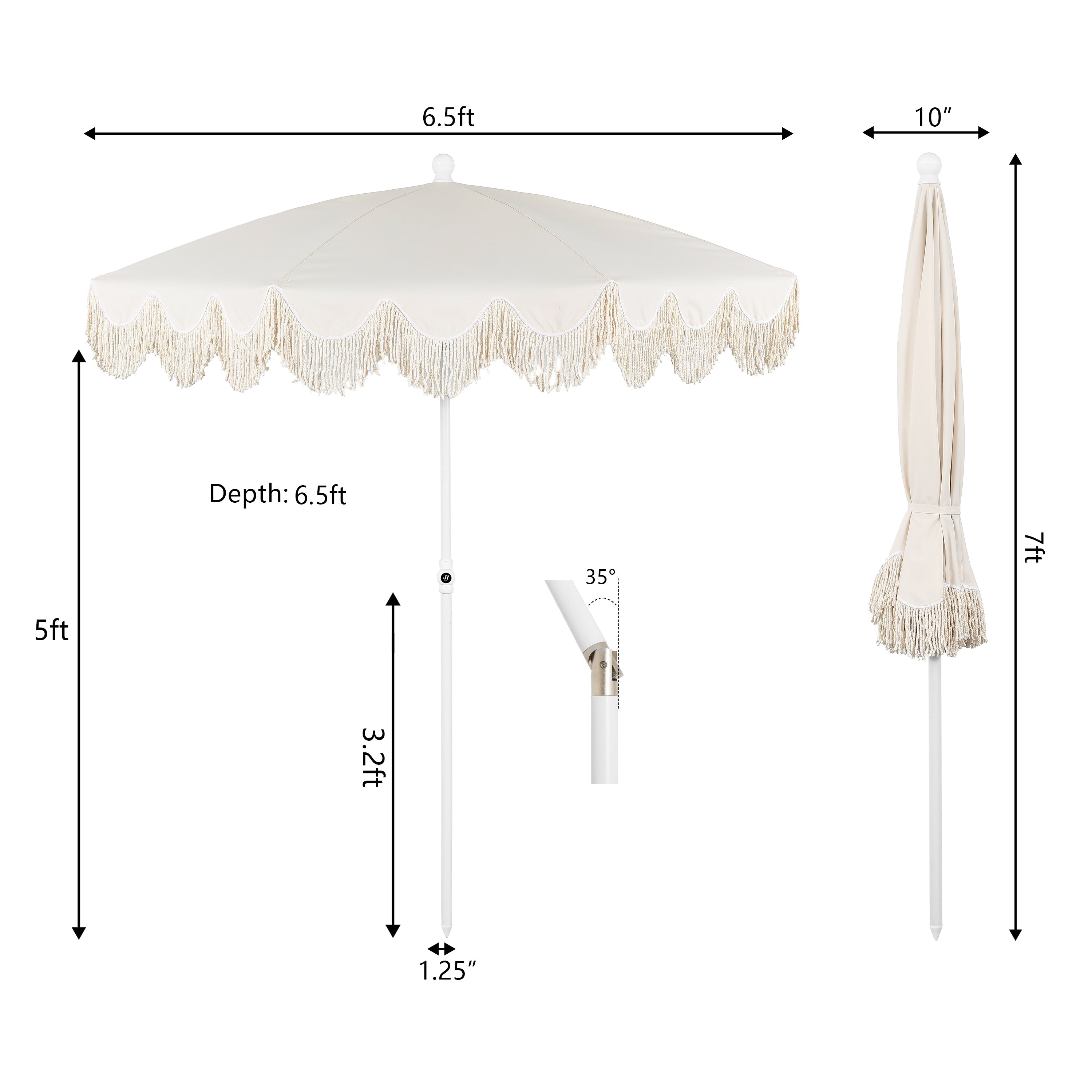 Mariner 6.5 ft. Classic Cottage Fringe Tassel Market Beach Umbrella with Push Button Tilt