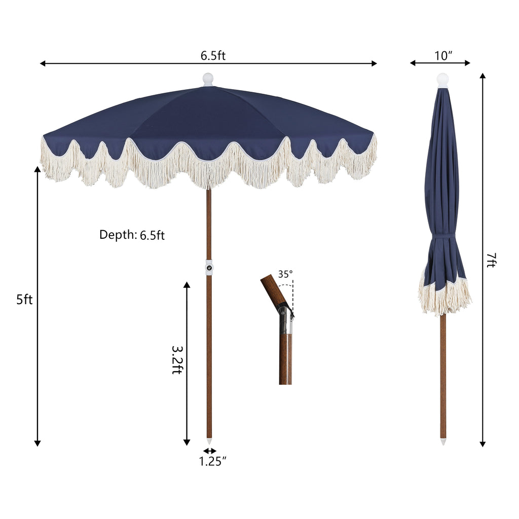 Mariner 6.5 ft. Classic Cottage Fringe Tassel Market Beach Umbrella with Push Button Tilt