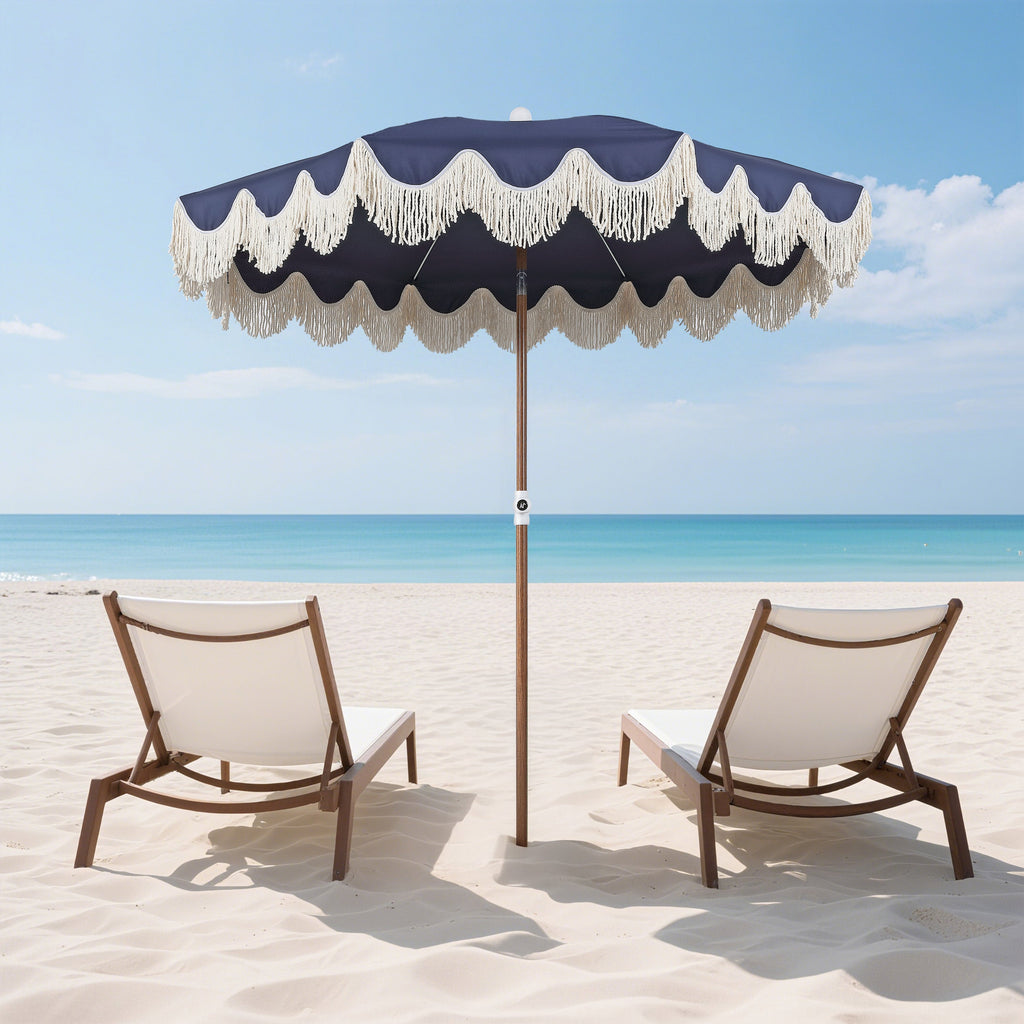 Mariner 6.5 ft. Classic Cottage Fringe Tassel Market Beach Umbrella with Push Button Tilt