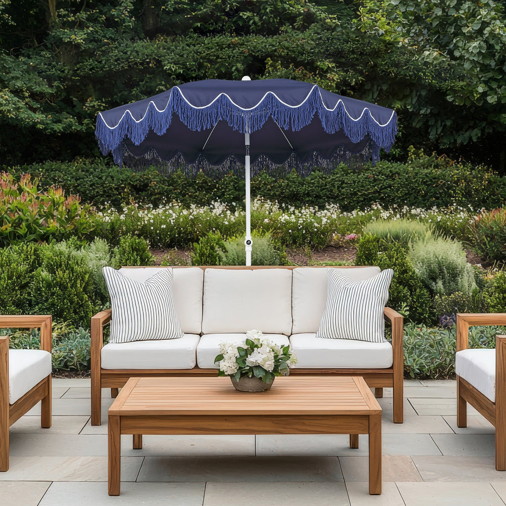 Mariner 6.5 ft. Classic Cottage Fringe Tassel Market Beach Umbrella with Push Button Tilt