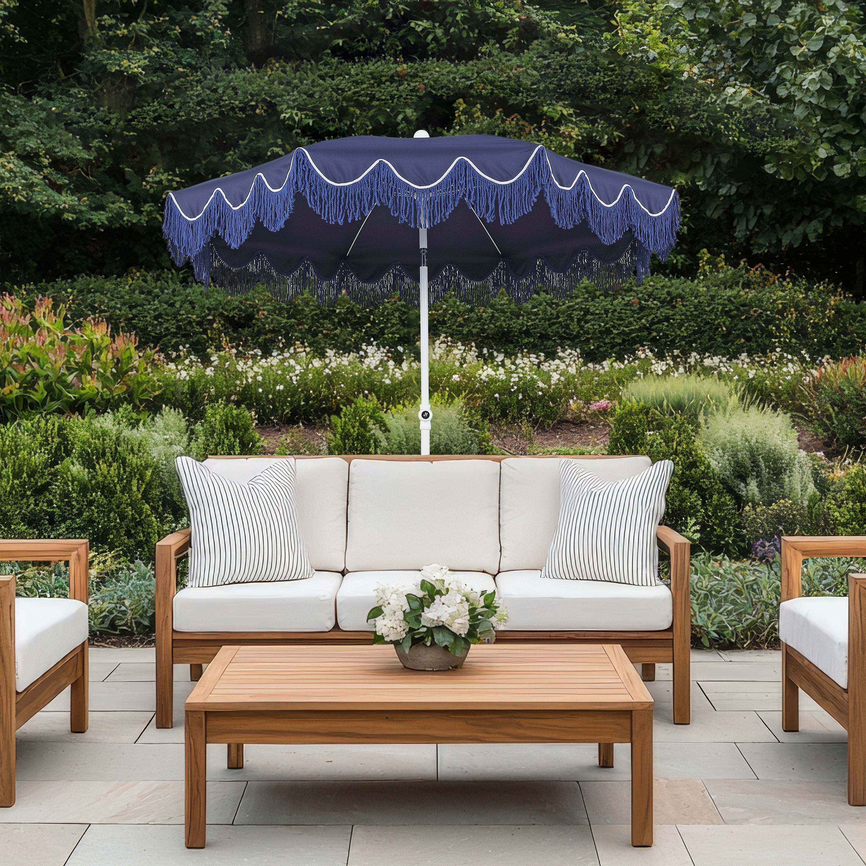 Mariner 6.5 ft. Classic Cottage Fringe Tassel Market Beach Umbrella with Push Button Tilt
