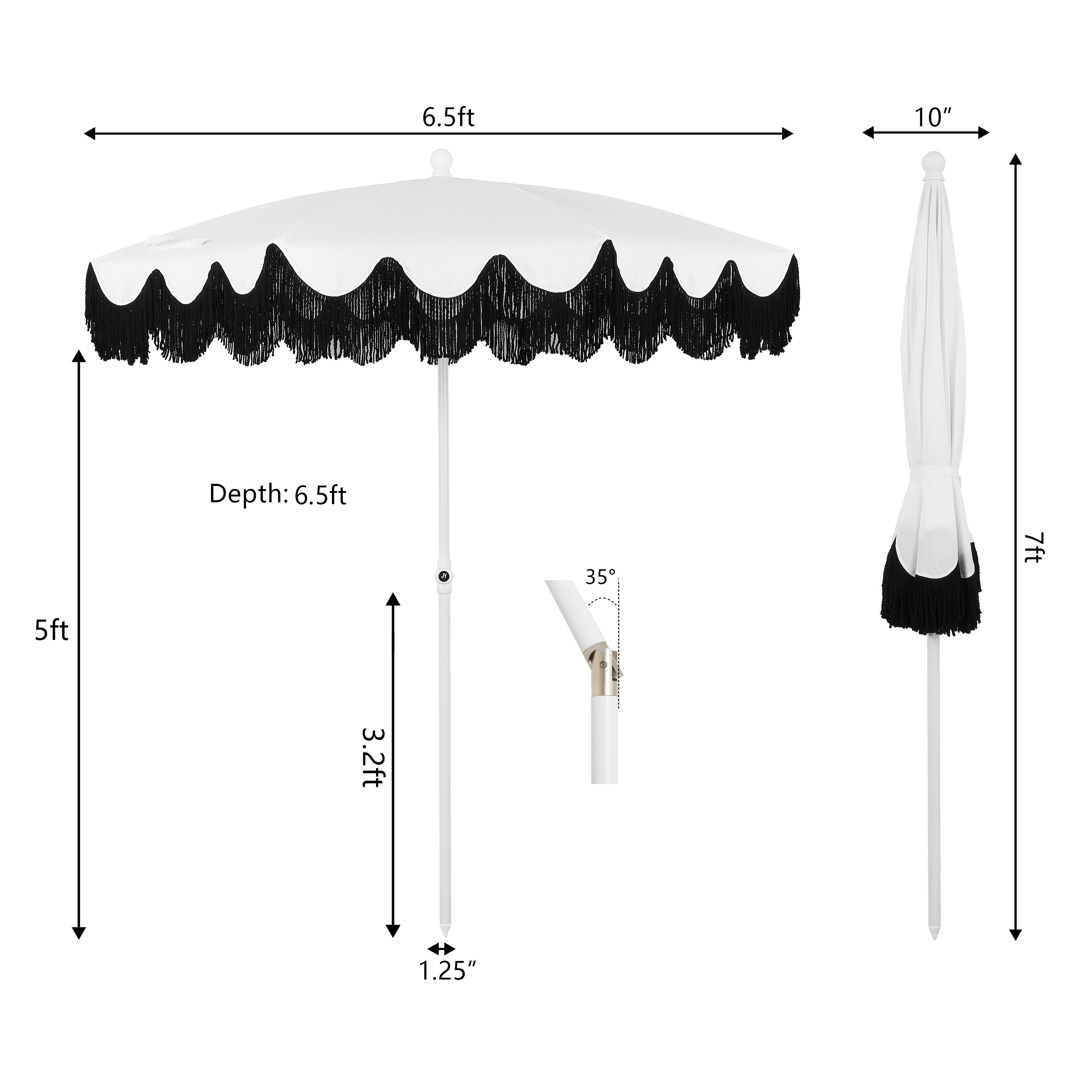 Mariner 6.5 ft. Classic Cottage Fringe Tassel Market Beach Umbrella with Push Button Tilt