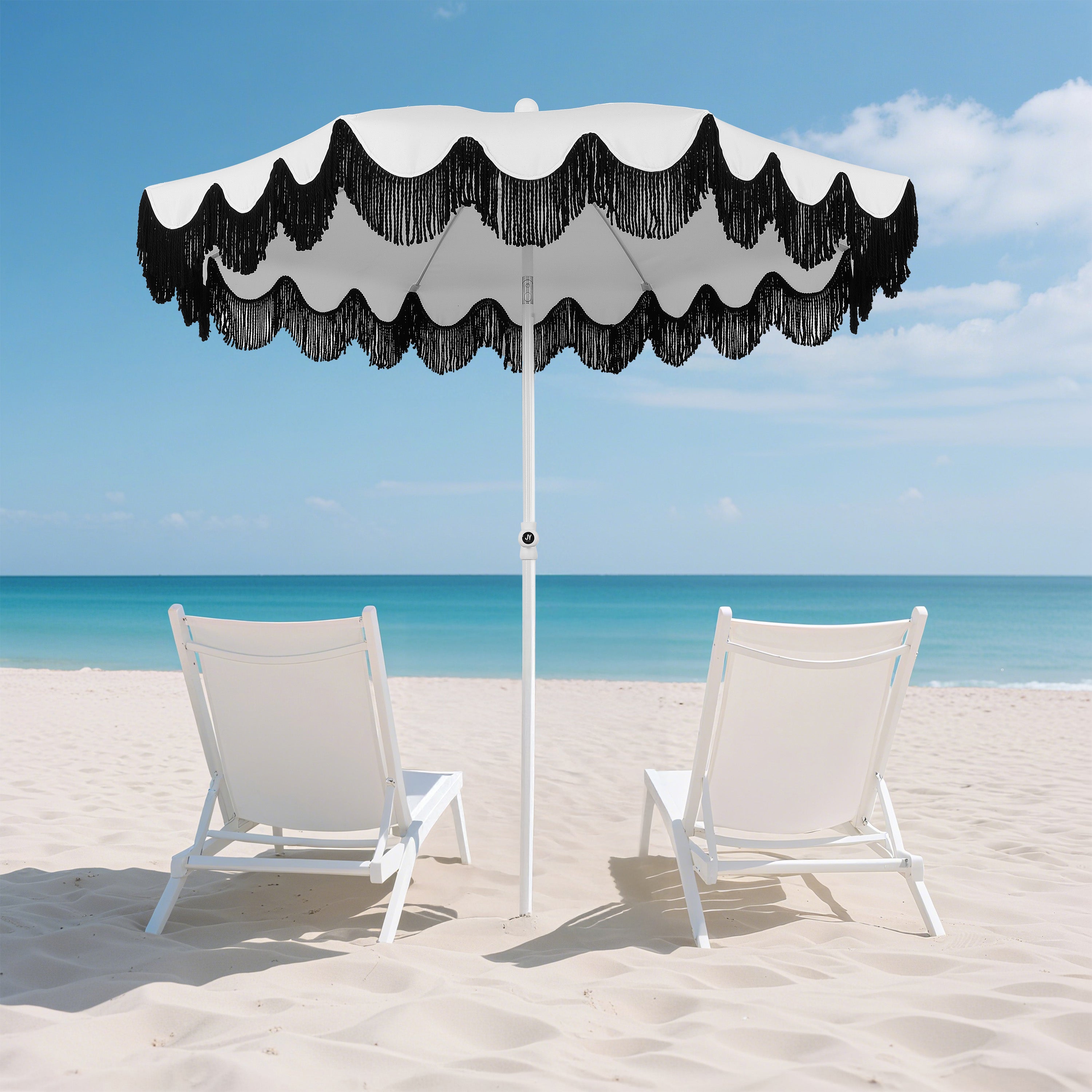 Mariner 6.5 ft. Classic Cottage Fringe Tassel Market Beach Umbrella with Push Button Tilt