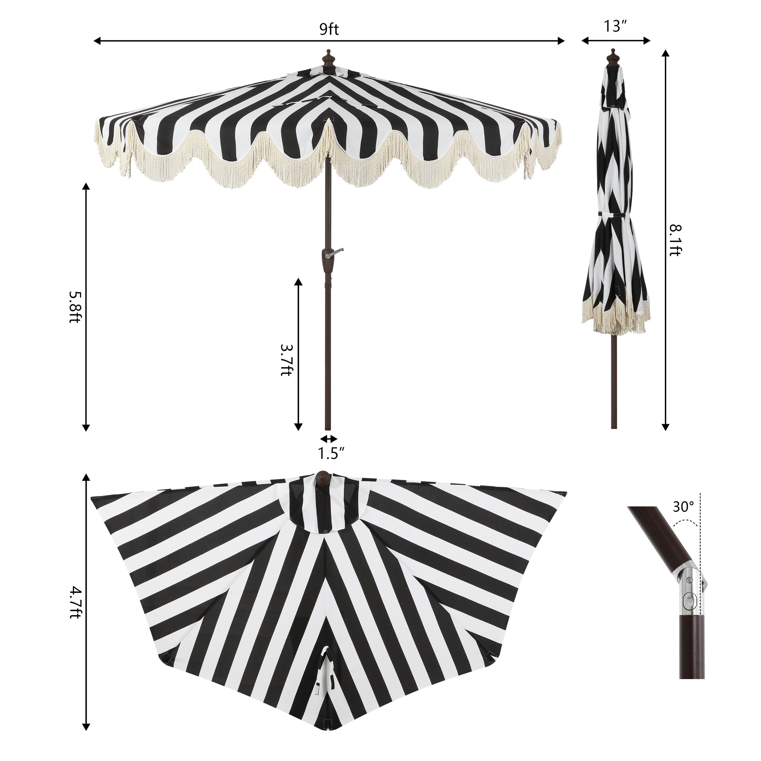 Beverly Stripe Designer Classic Scalloped Fringe Half Market Patio Umbrella with Crank