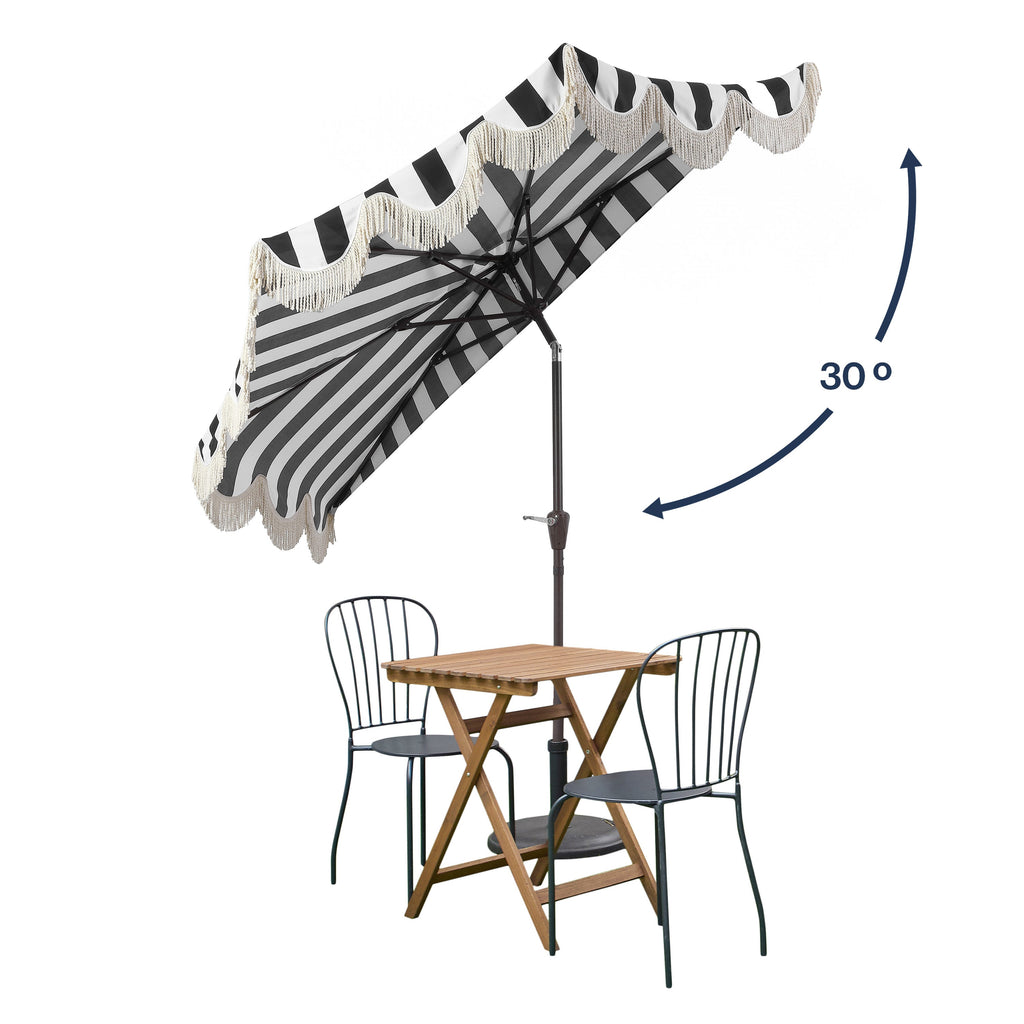 Beverly Stripe Designer Classic Scalloped Fringe Half Market Patio Umbrella with Crank