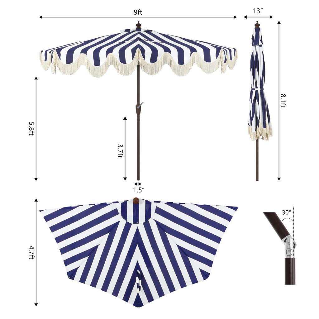 Beverly Stripe Designer Classic Scalloped Fringe Half Market Patio Umbrella with Crank