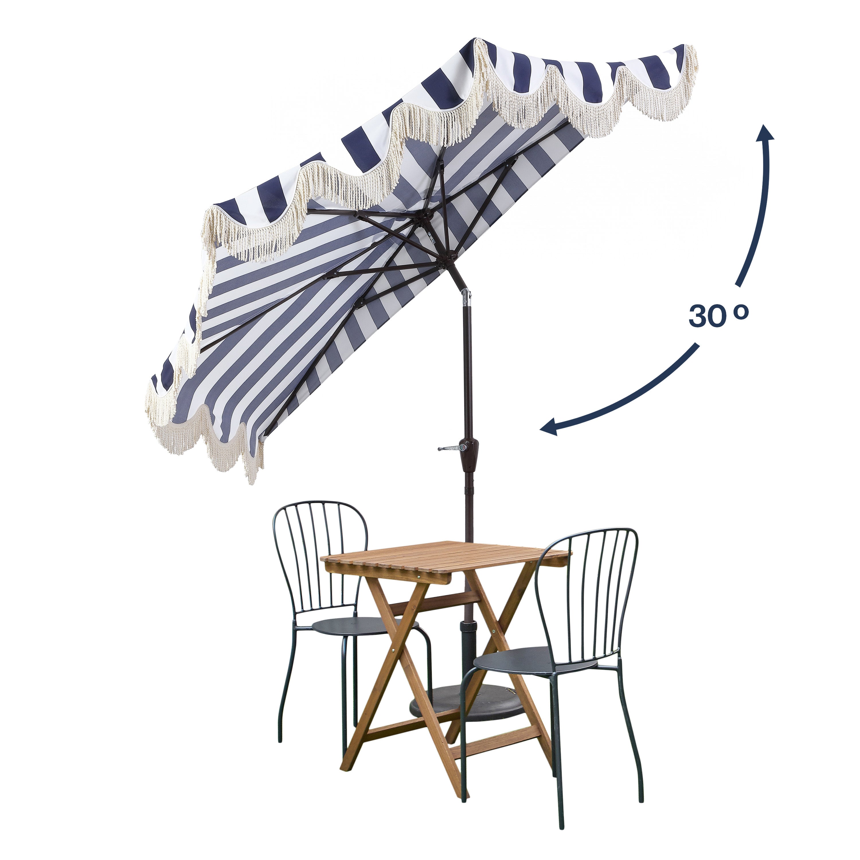 Beverly Stripe Designer Classic Scalloped Fringe Half Market Patio Umbrella with Crank