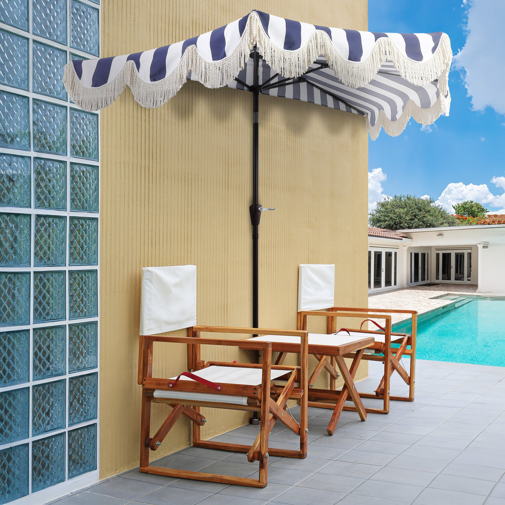 Beverly Stripe Designer Classic Scalloped Fringe Half Market Patio Umbrella with Crank