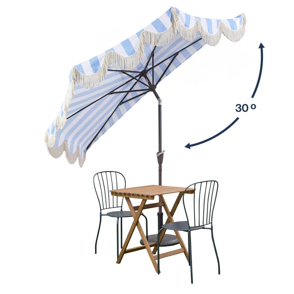 Beverly Stripe Designer Classic Scalloped Fringe Half Market Patio Umbrella with Crank