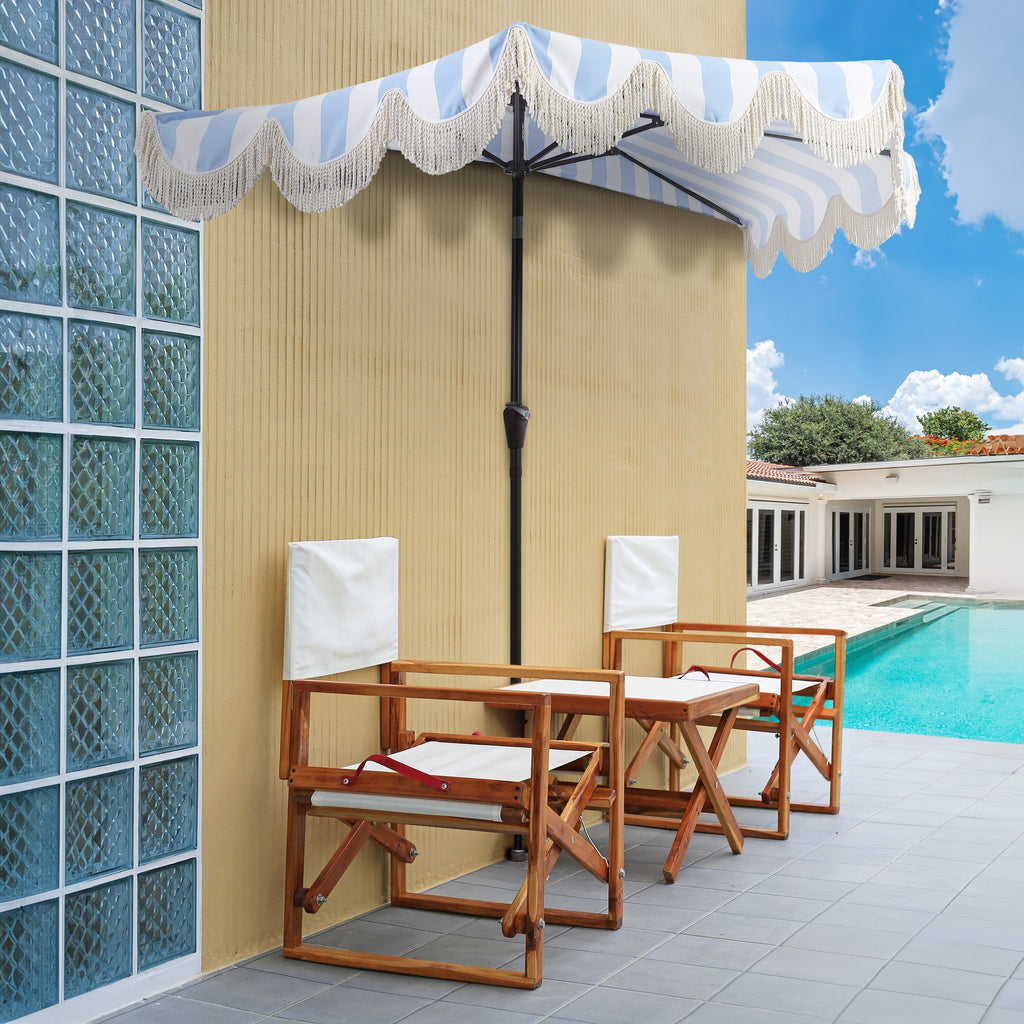 Beverly Stripe Designer Classic Scalloped Fringe Half Market Patio Umbrella with Crank
