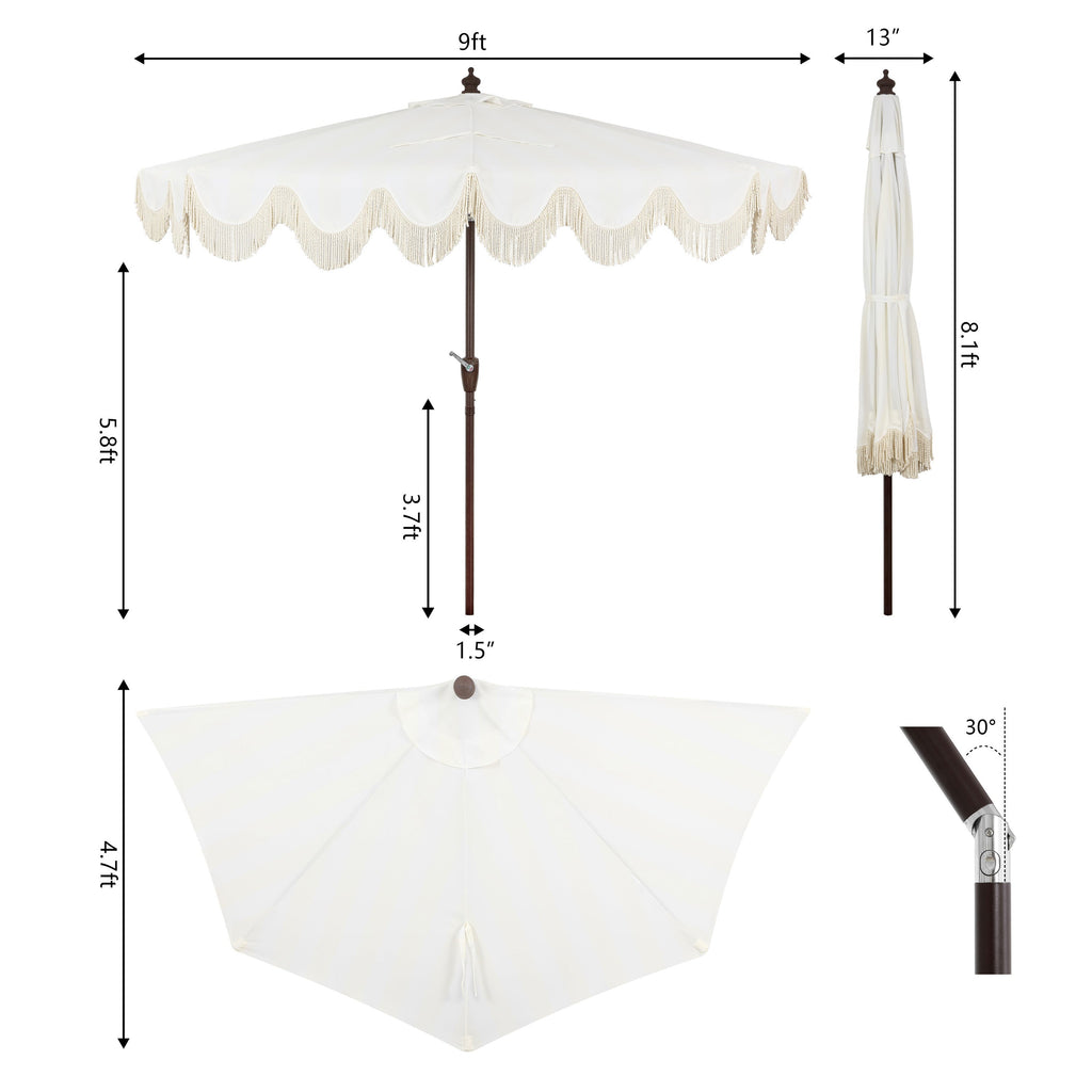 Beverly Designer Classic Scalloped Fringe Half Market Patio Umbrella with Crank