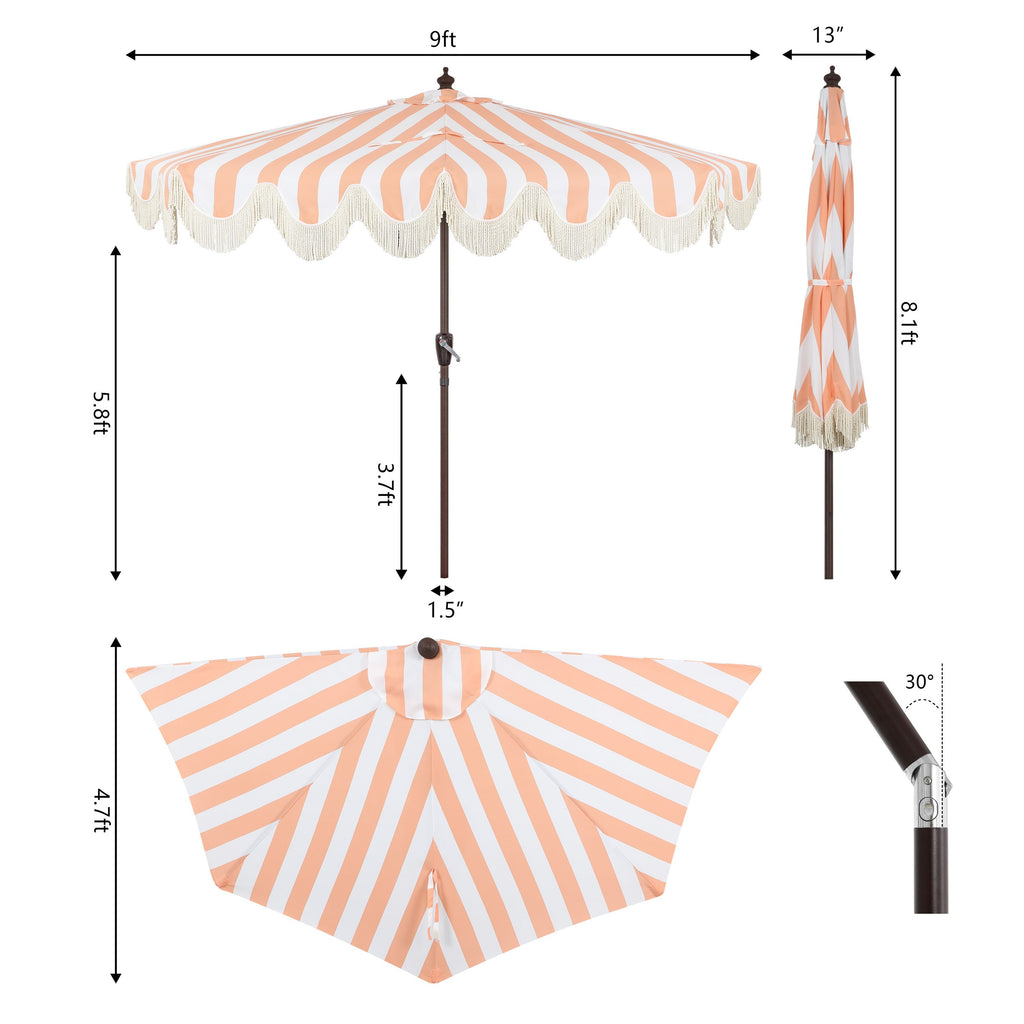 Beverly Stripe Designer Classic Scalloped Fringe Half Market Patio Umbrella with Crank