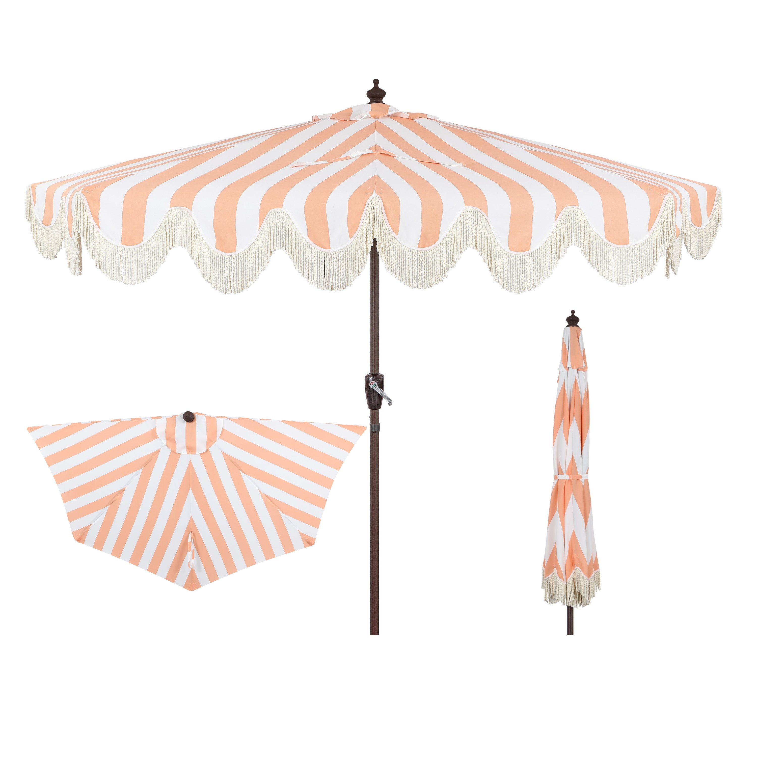 Beverly Stripe Designer Classic Scalloped Fringe Half Market Patio Umbrella with Crank