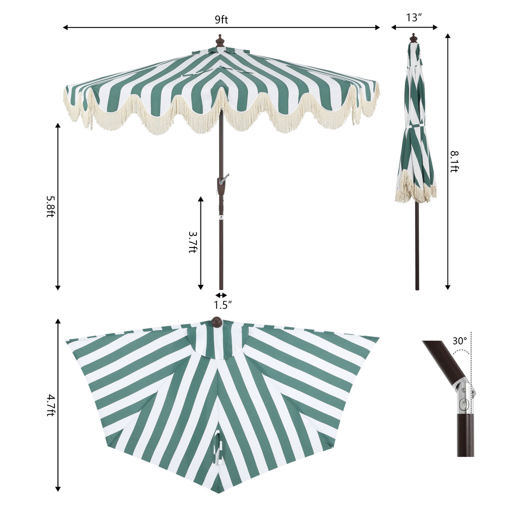 Beverly Stripe Designer Classic Scalloped Fringe Half Market Patio Umbrella with Crank