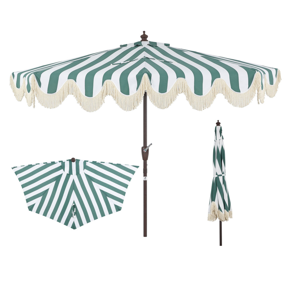 Beverly Stripe Designer Classic Scalloped Fringe Half Market Patio Umbrella with Crank