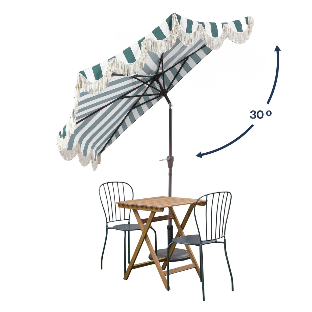 Beverly Stripe Designer Classic Scalloped Fringe Half Market Patio Umbrella with Crank