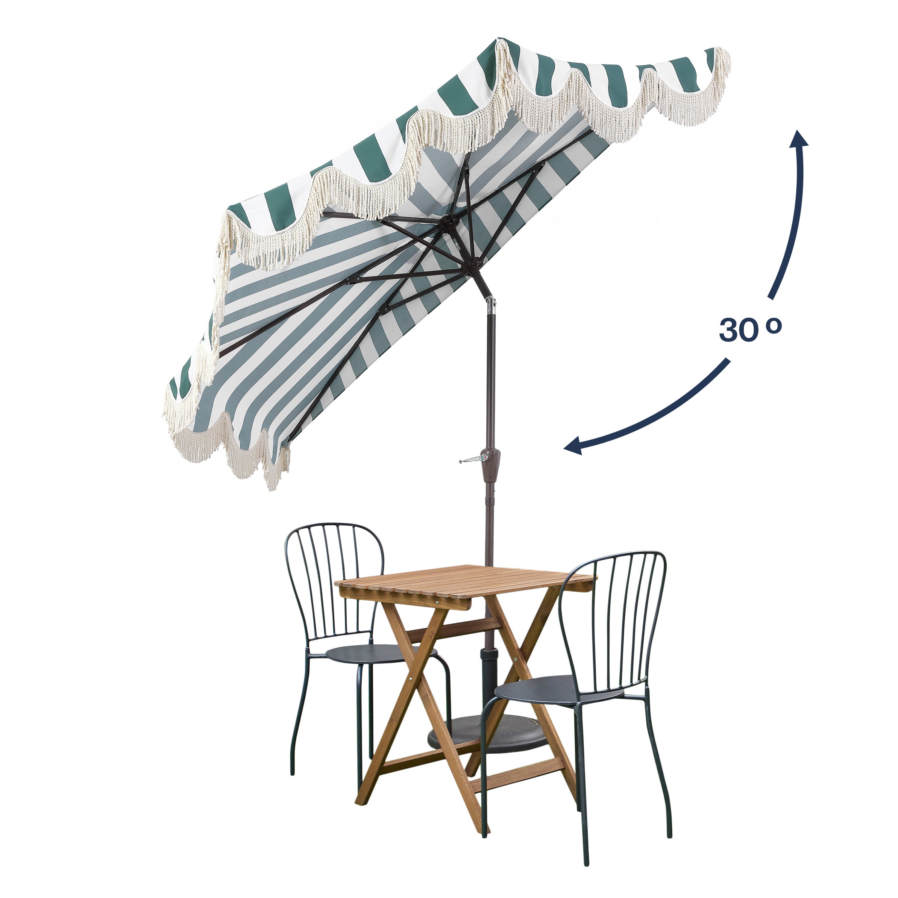 Beverly Stripe Designer Classic Scalloped Fringe Half Market Patio Umbrella with Crank