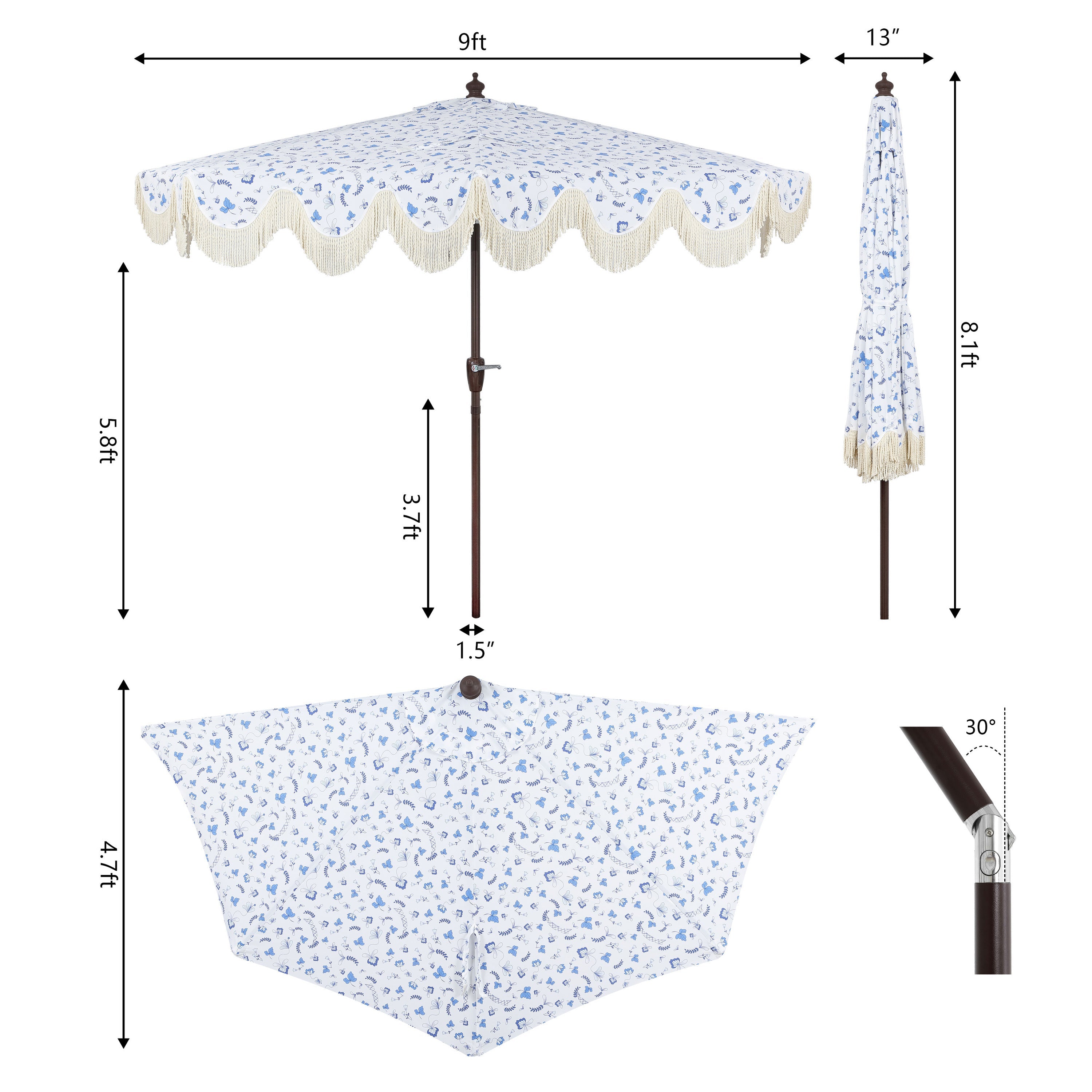 Beverly Stripe Designer Classic Scalloped Fringe Half Market Patio Umbrella with Crank