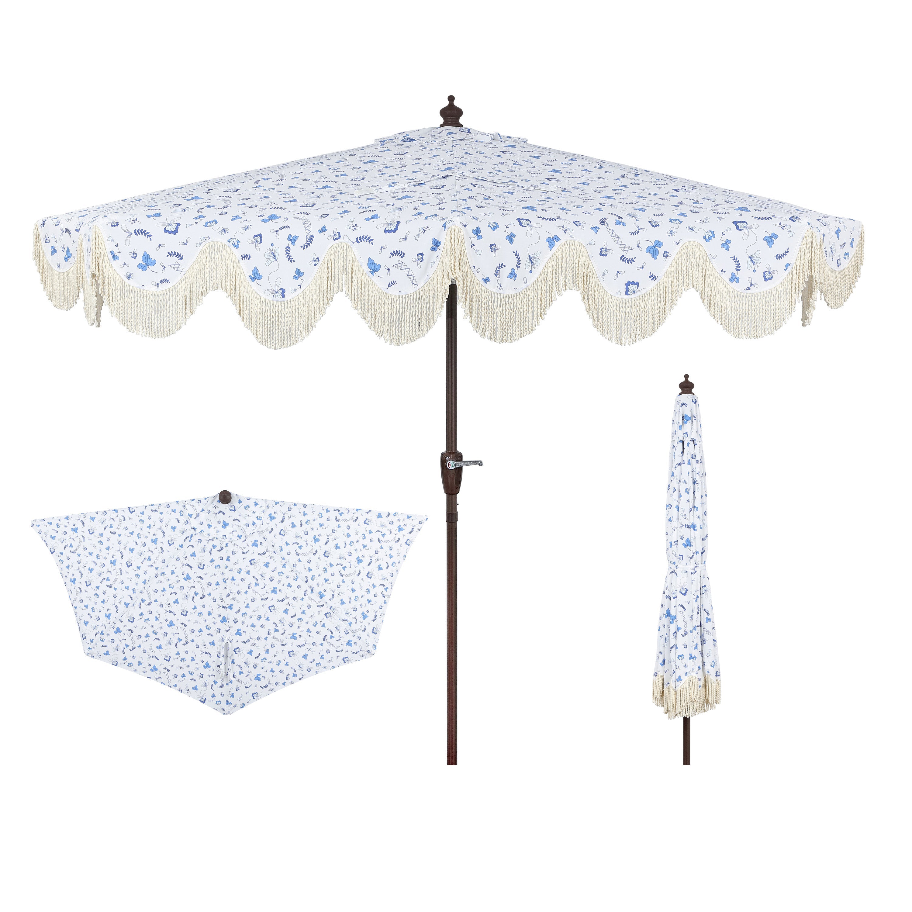 Beverly Stripe Designer Classic Scalloped Fringe Half Market Patio Umbrella with Crank