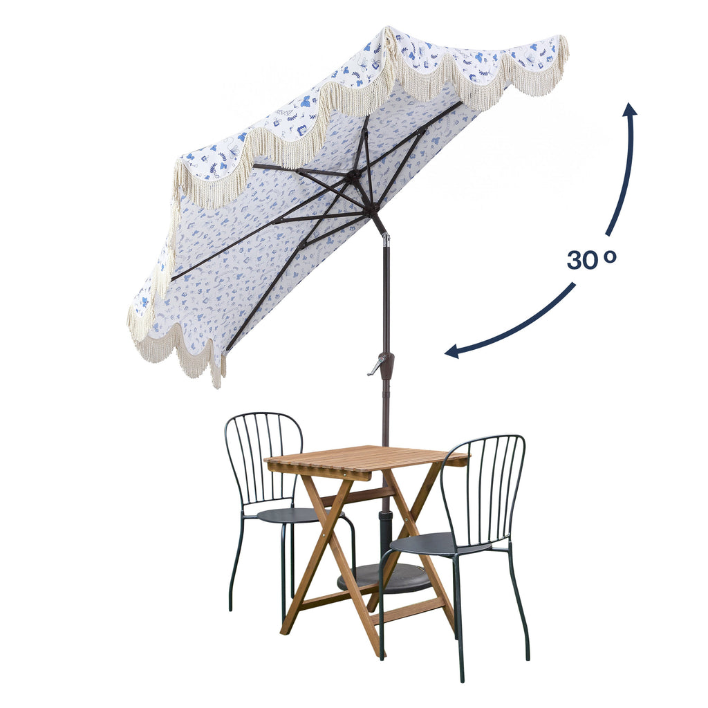 Beverly Stripe Designer Classic Scalloped Fringe Half Market Patio Umbrella with Crank